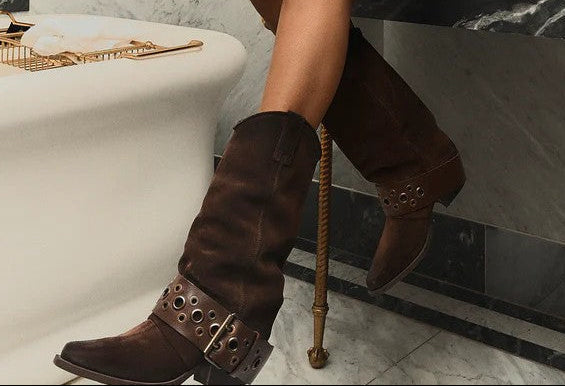 Women's Chunky Heel Ankle Boots – Pointed Toe Slip-On with Buckle Detail | Dark Brown