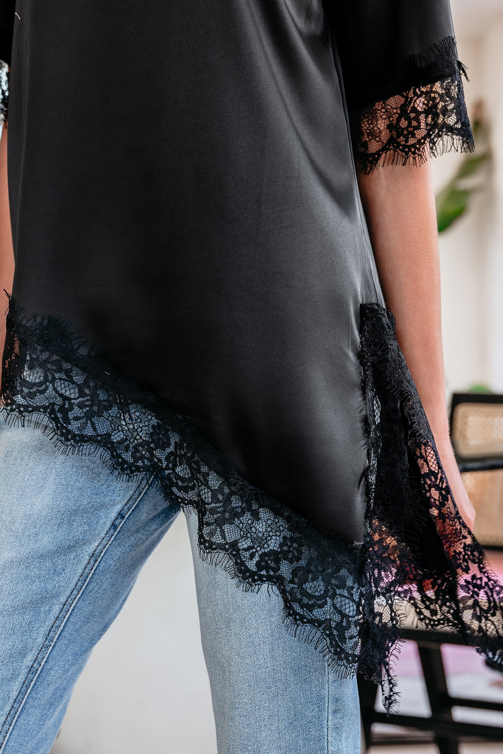 Black Asymmetric Lace Trim Short Sleeve Satin Top