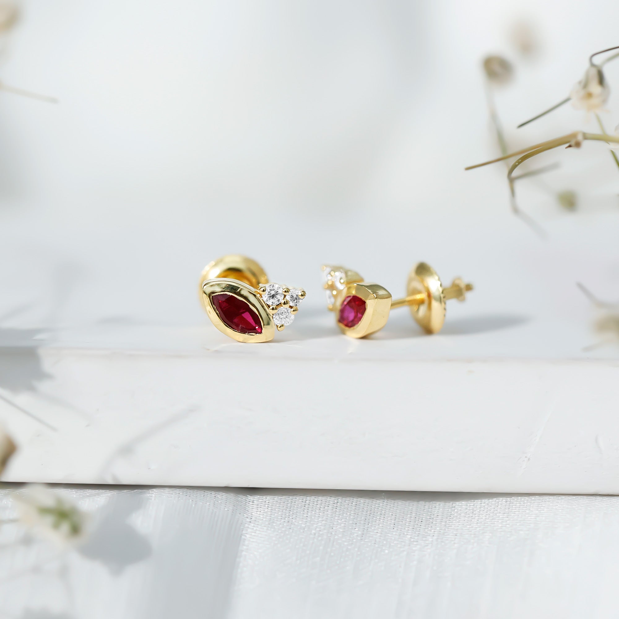 Marquise Cut Lab Grown Ruby and Diamond Stud Earrings in Silver