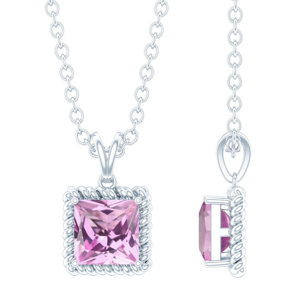 Natural Princess Cut Pink Sapphire Solitaire Pendant with Chain