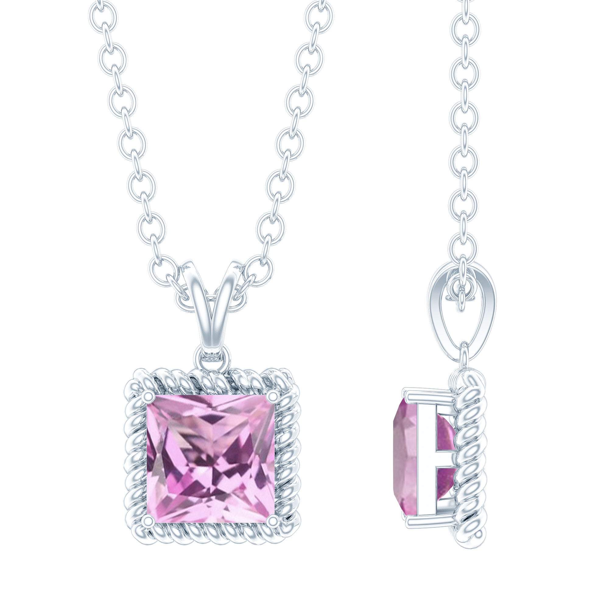 Natural Princess Cut Pink Sapphire Solitaire Pendant with Chain