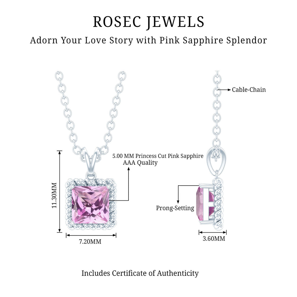 Natural Princess Cut Pink Sapphire Solitaire Pendant with Chain