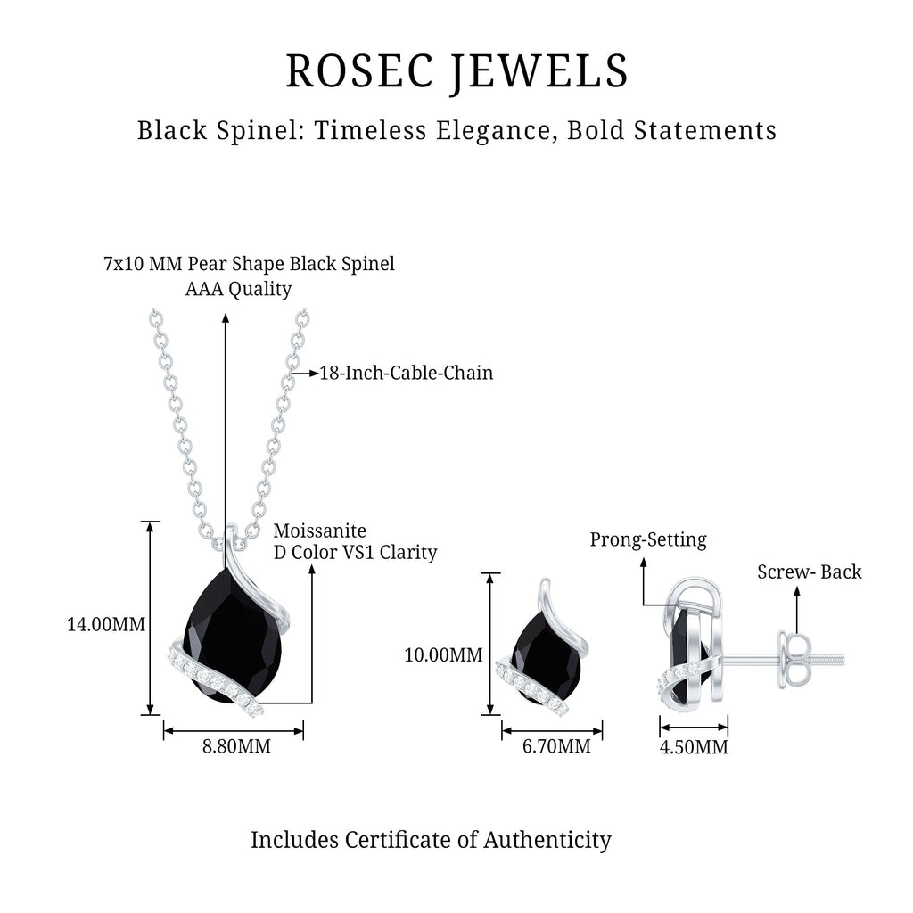 Natural Black Spinel and Moissanite Teardrop Jewelry Set in Silver