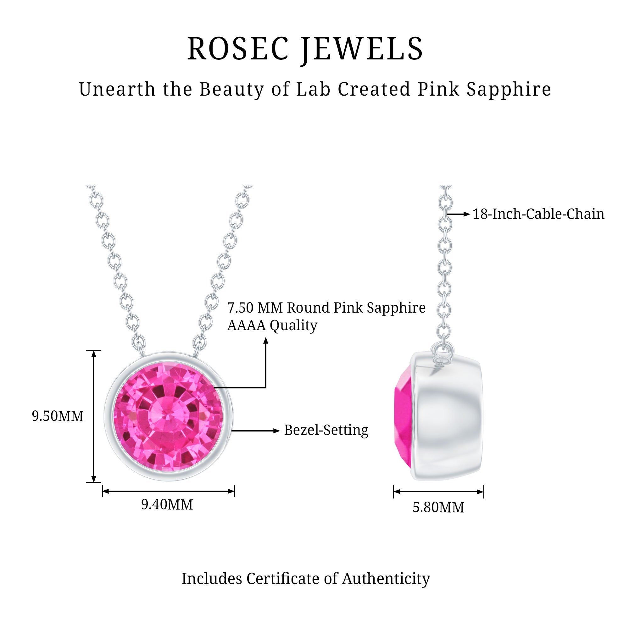 1.67 Carat Lab Grown Pink Sapphire Solitaire Necklace in Bezel Setting