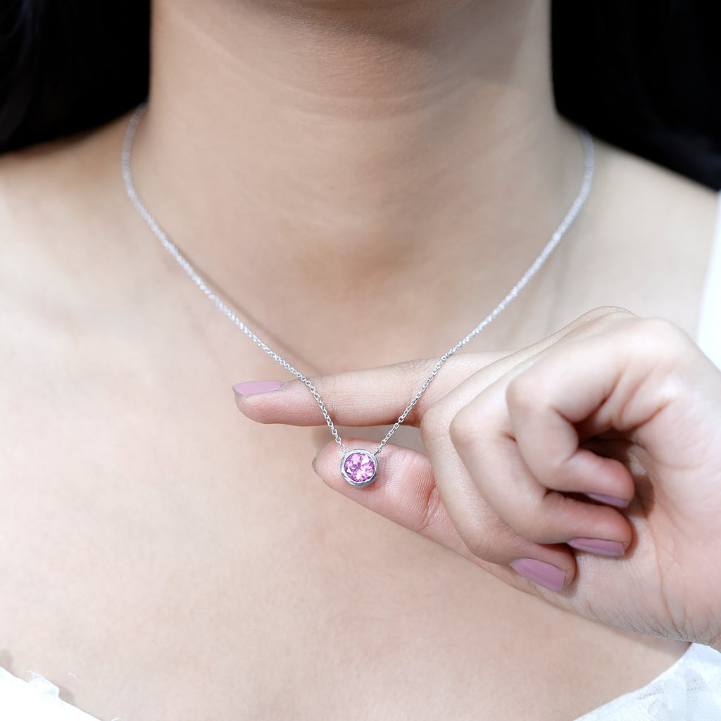 1.67 Carat Lab Grown Pink Sapphire Solitaire Necklace in Bezel Setting