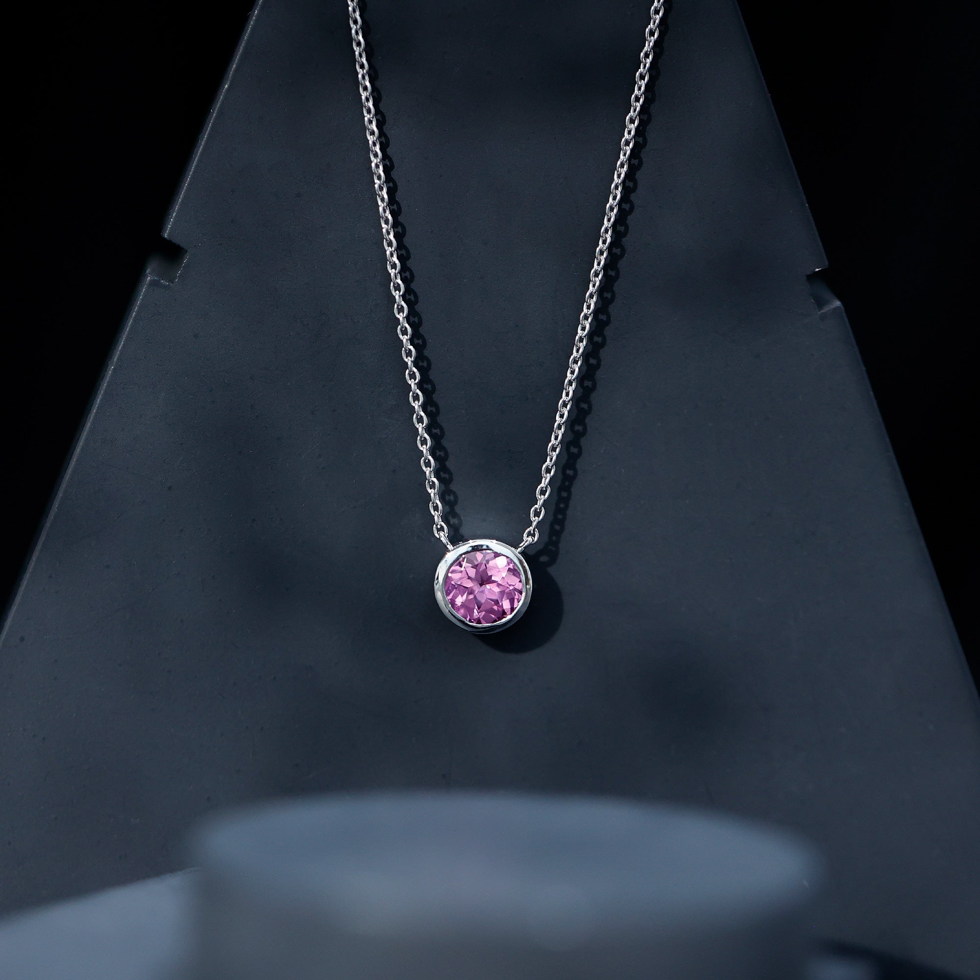 1.67 Carat Lab Grown Pink Sapphire Solitaire Necklace in Bezel Setting
