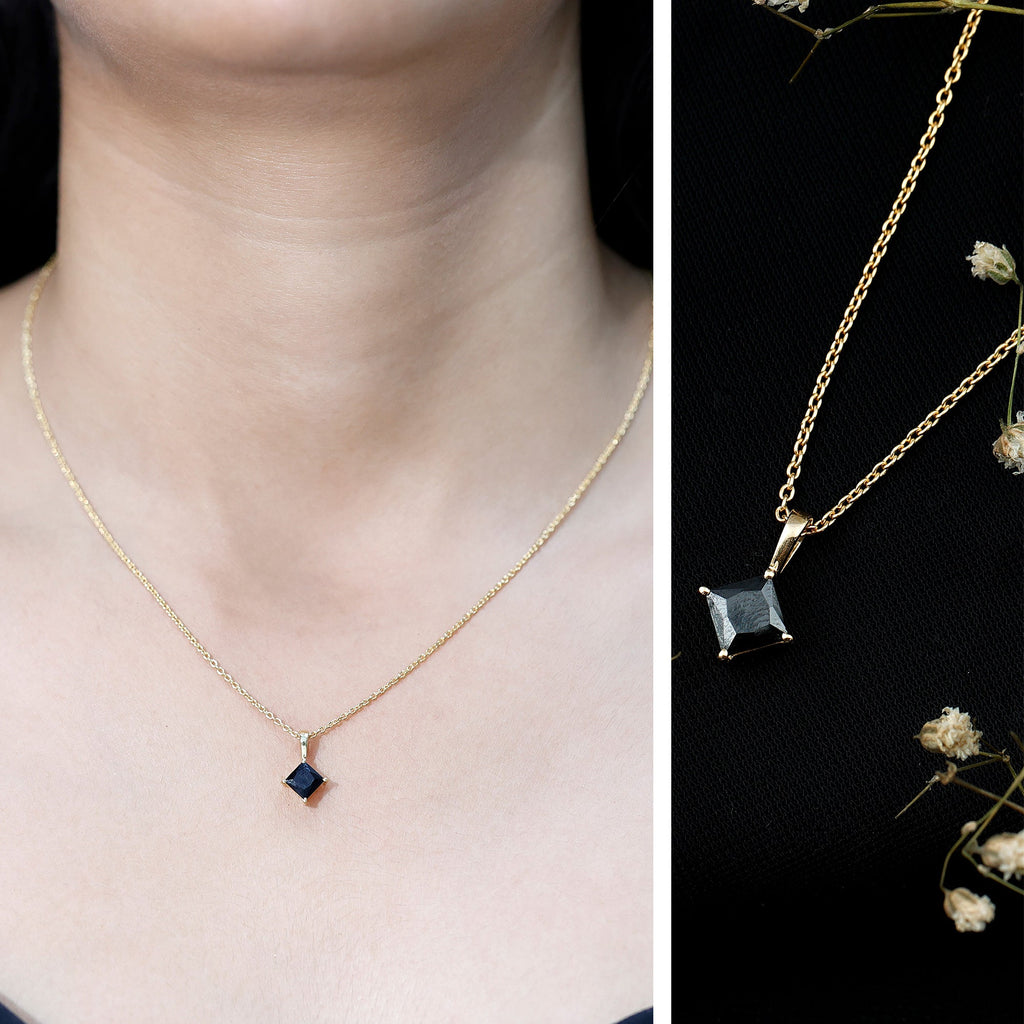 Princess Cut Black Spinel Solitaire Pendant Necklace with Silver Chain