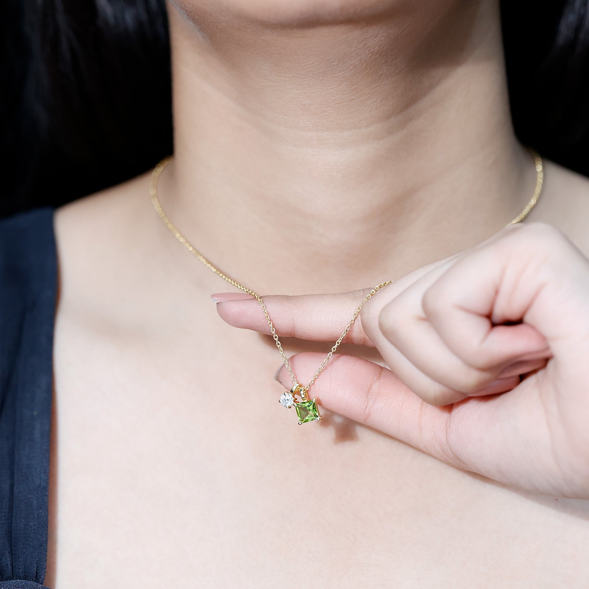 Princess Cut 1 Carat Peridot Pendant Necklace with Silver Chain