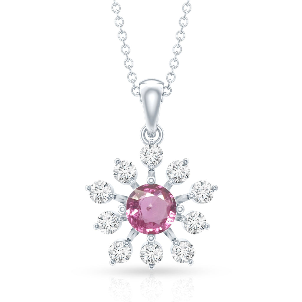 Genuine 0.58 Carat Pink Sapphire and Diamond Flower Pendant Necklace