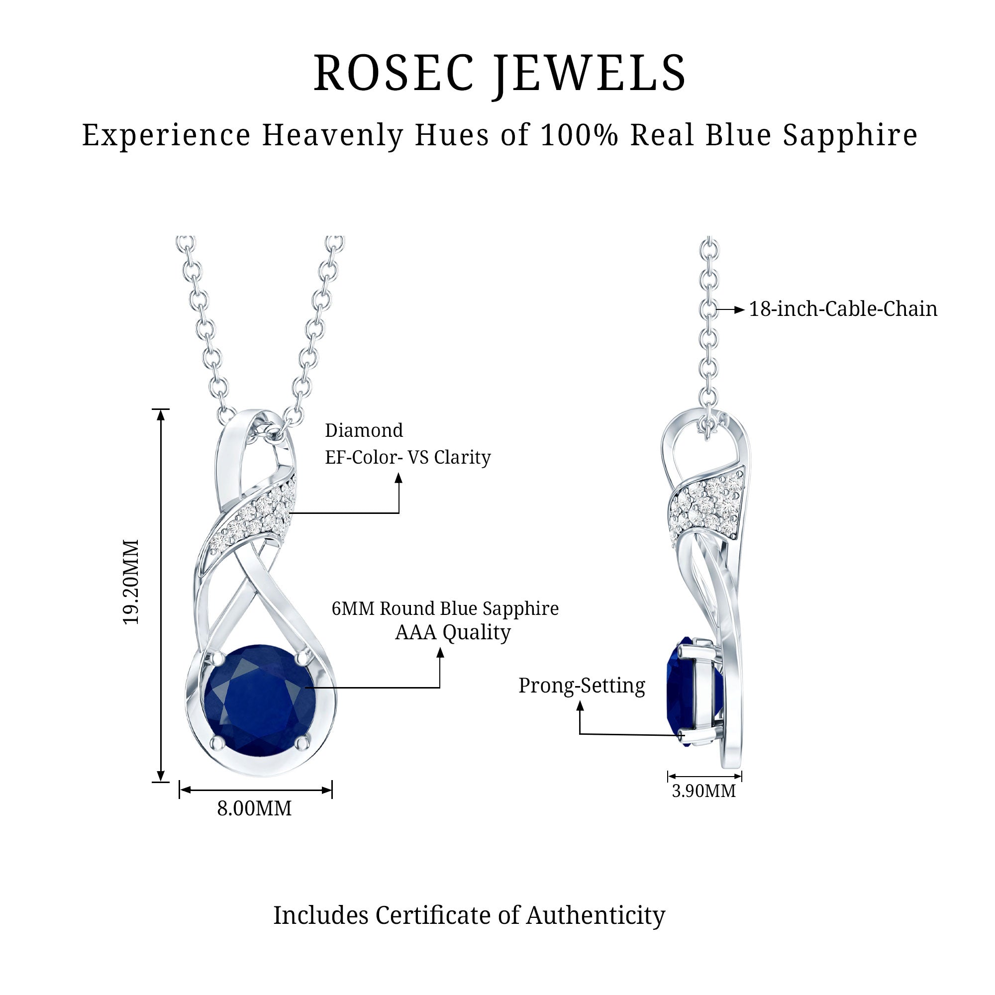Natural 1 Carat Blue Sapphire Infinity Necklace with Silver Chain