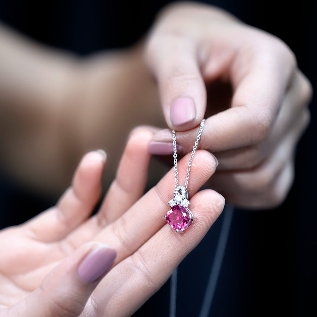 Certified 4.5 Carat Lab Created Pink Sapphire Bridal Necklace with Chain