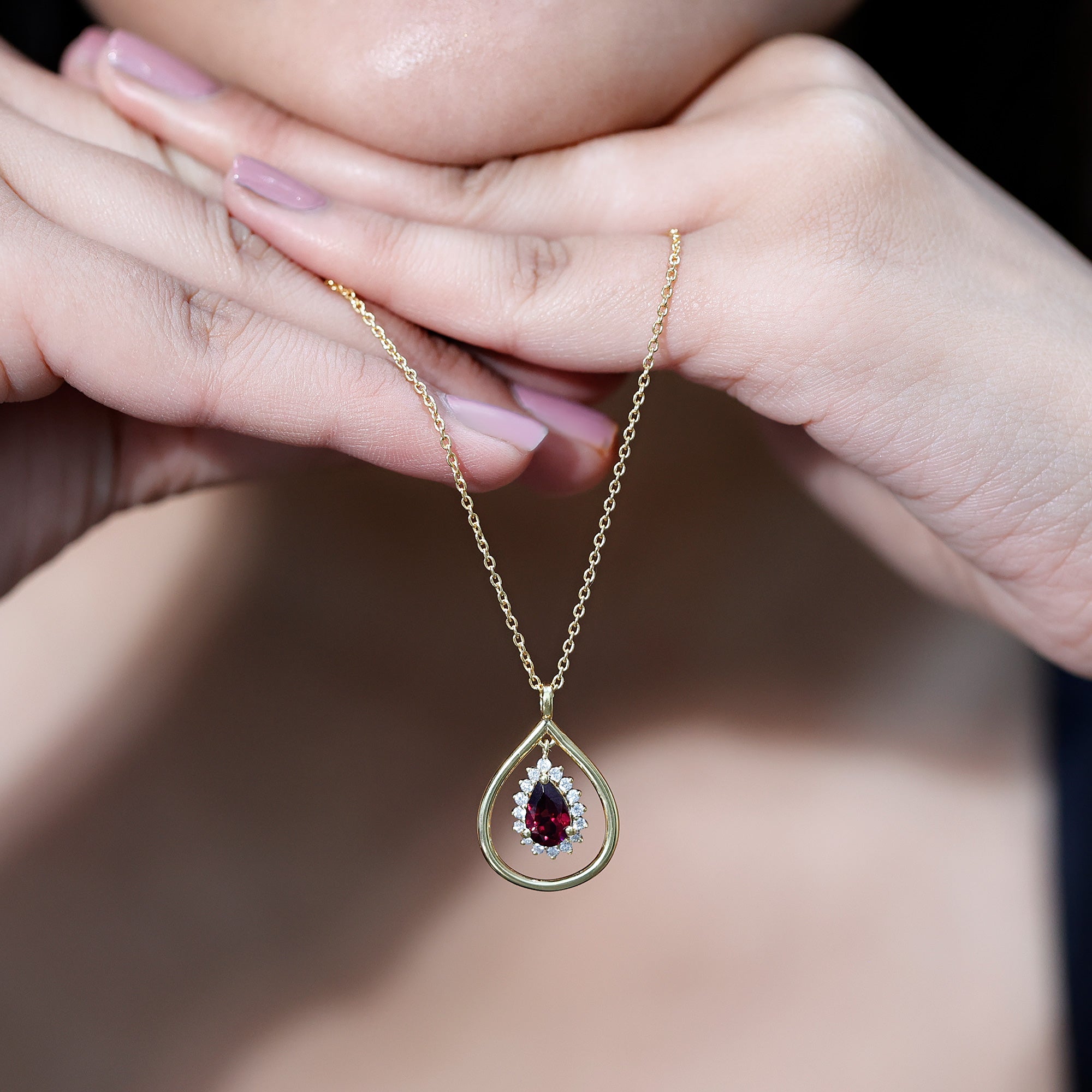 Rhodolite Garnet and Diamond Teardrop Necklace with Silver Chain