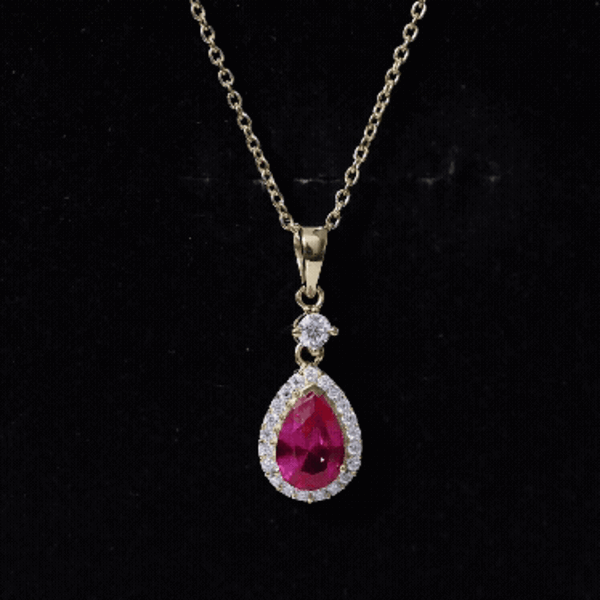 Lab Created Ruby Teardrop Necklace with Moissanite Halo