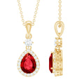 Lab Created Ruby Teardrop Necklace with Moissanite Halo
