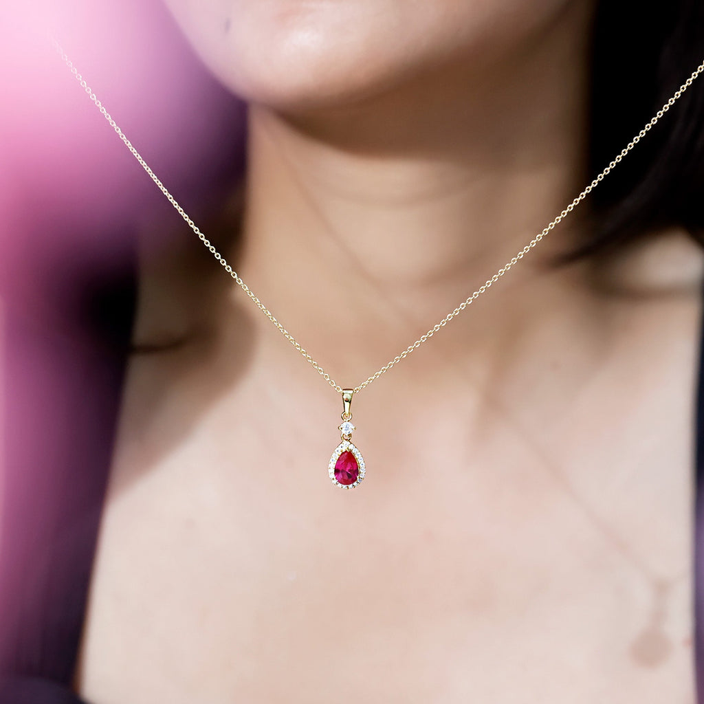 Lab Created Ruby Teardrop Necklace with Moissanite Halo