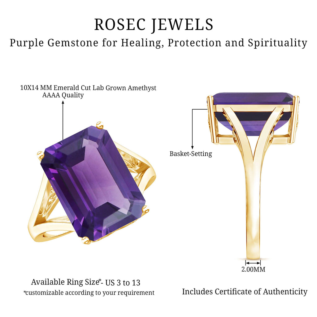 Certified 9 Carat Emerald Cut Lab Grown Amethyst Engagement Ring
