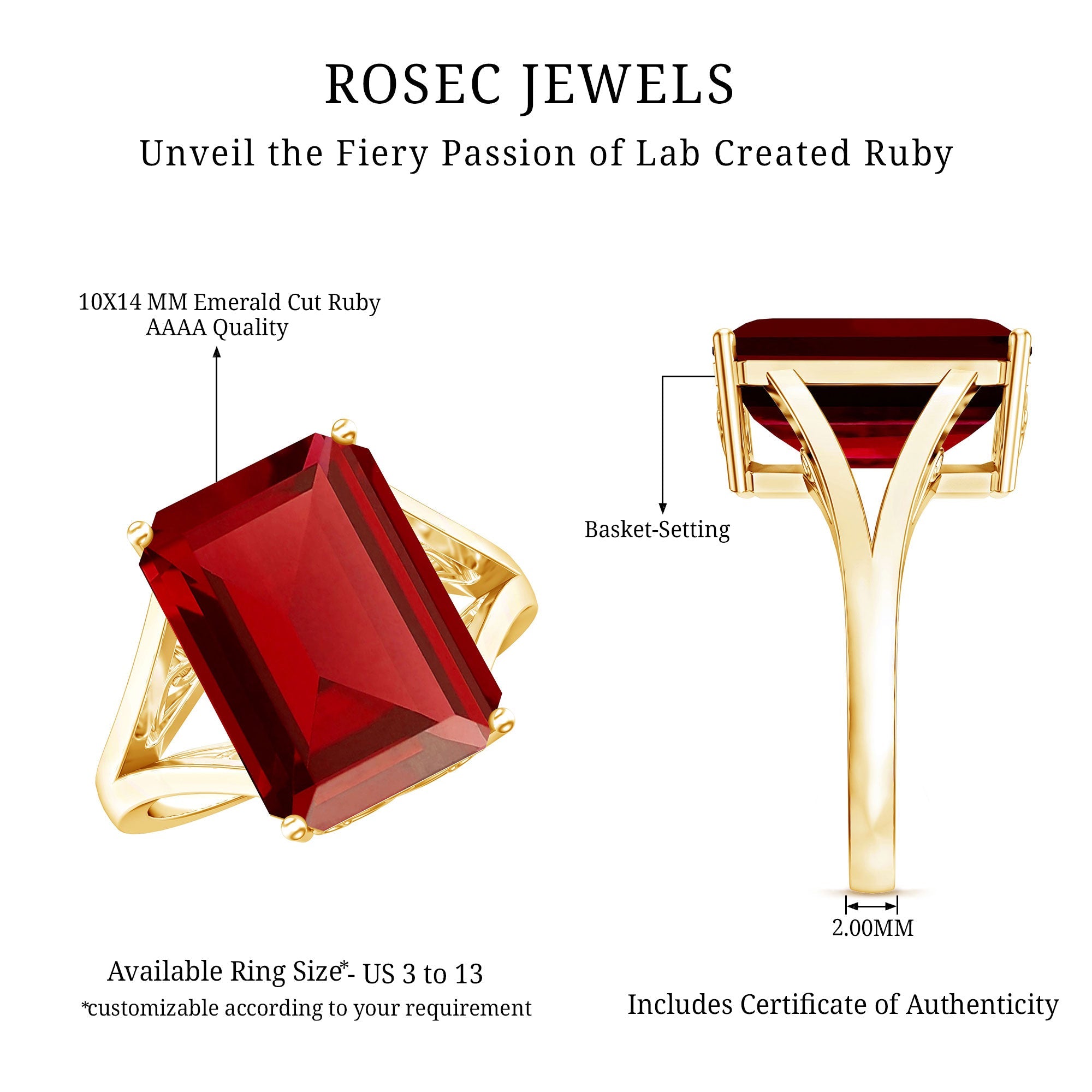 Certified 5 Carat Emerald Cut Lab Grown Ruby Engagement Ring with Split Shank