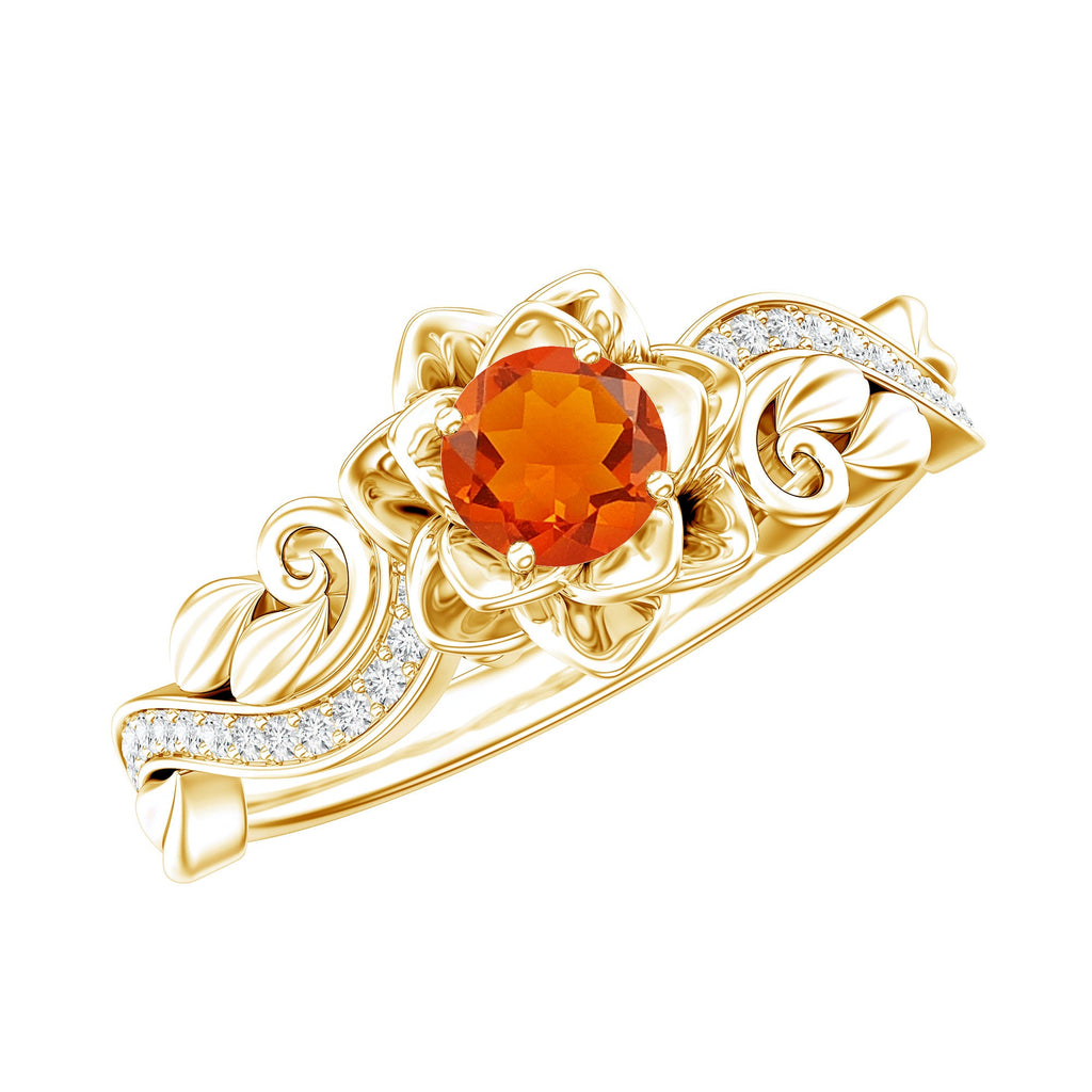 Certified Fire Opal and Diamond Rose Flower Engagement Ring