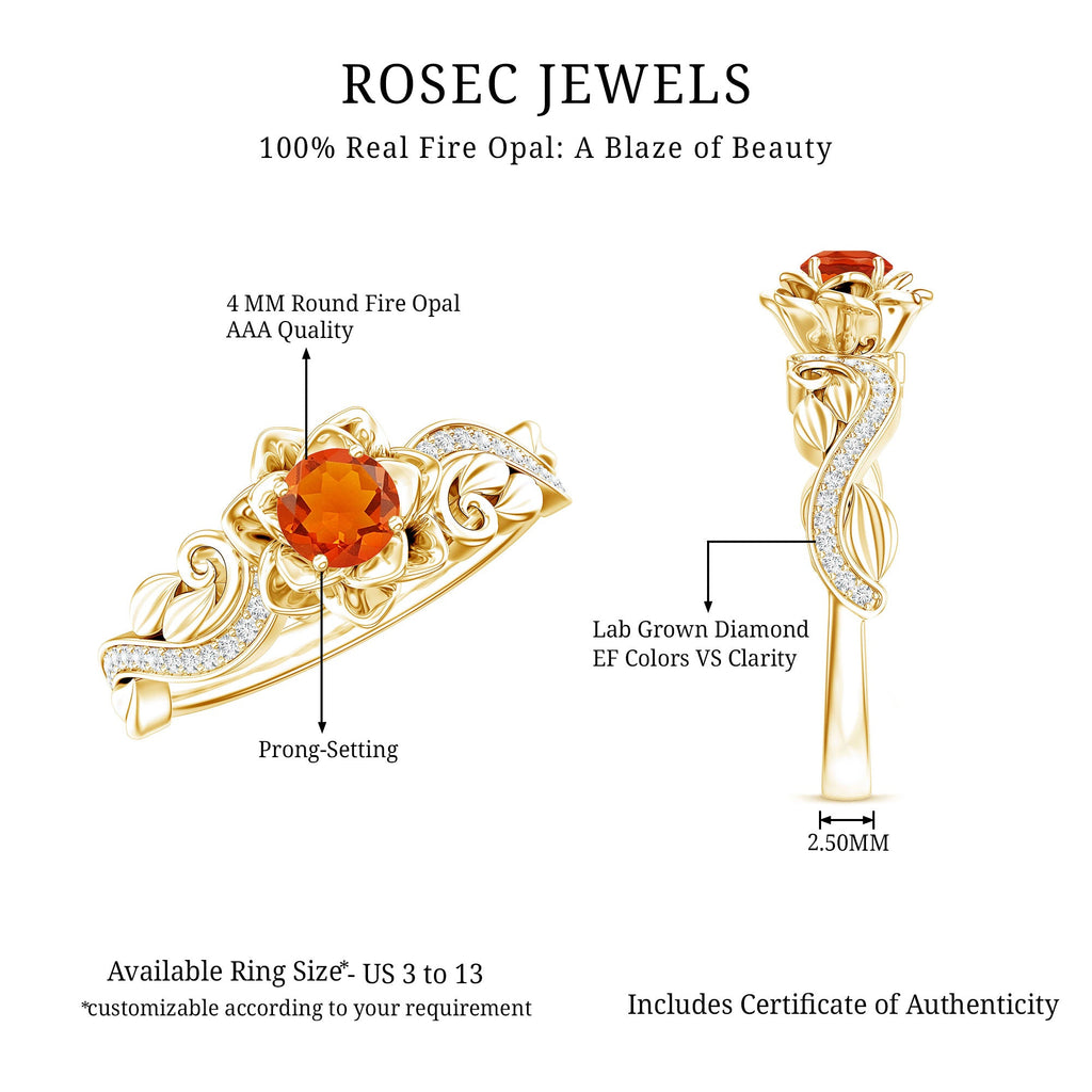 Certified Fire Opal and Diamond Rose Flower Engagement Ring