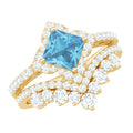 Genuine Princess Cut Swiss Blue Topaz Floral Wedding Ring Set in Silver