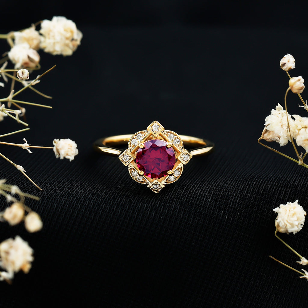 Vintage Style Rhodolite Garnet and Diamond Engagement Ring