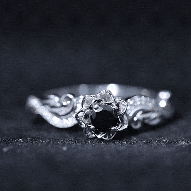 Real Black Spinel Blooming Flower Engagement Ring with Diamond