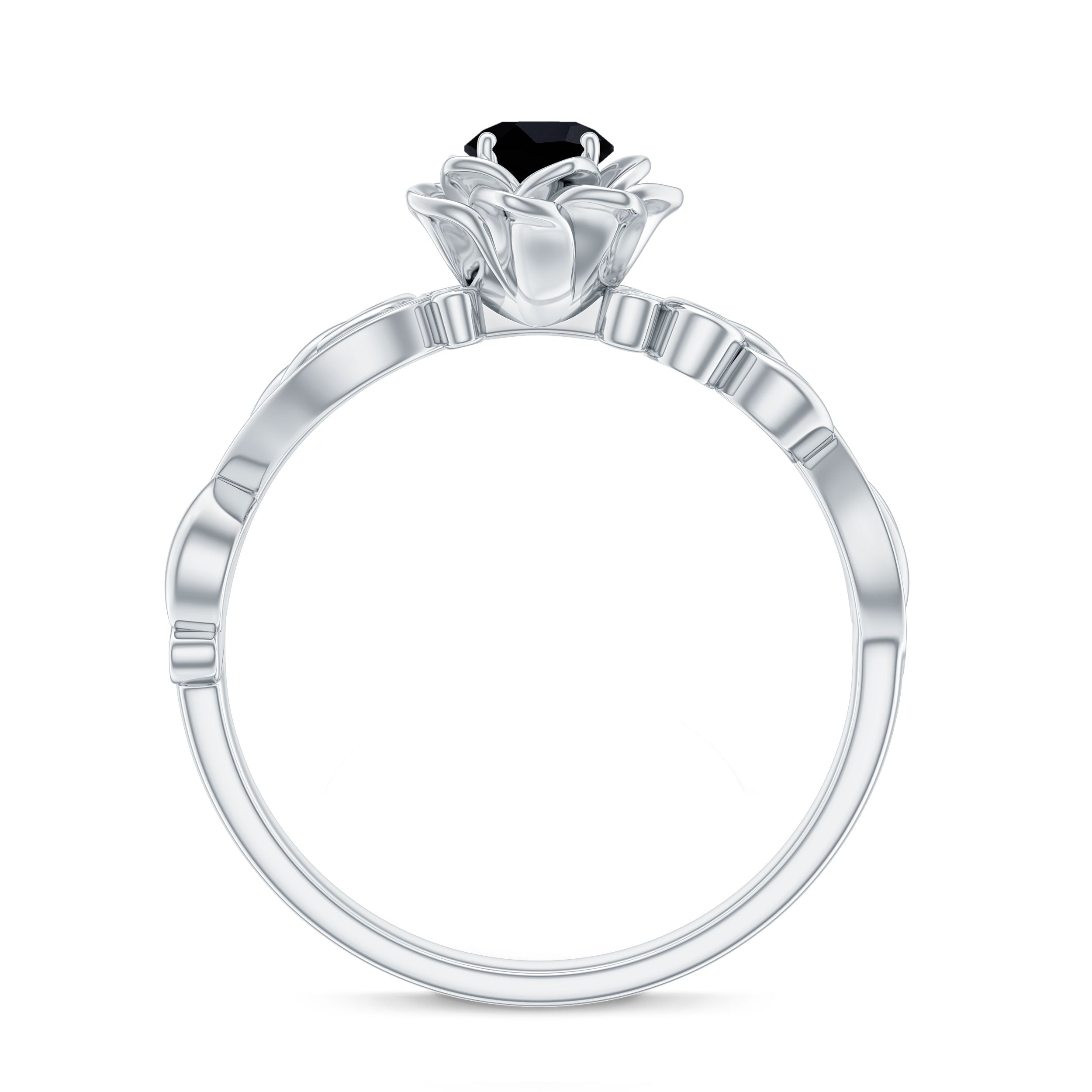 Real Black Spinel Blooming Flower Engagement Ring with Diamond