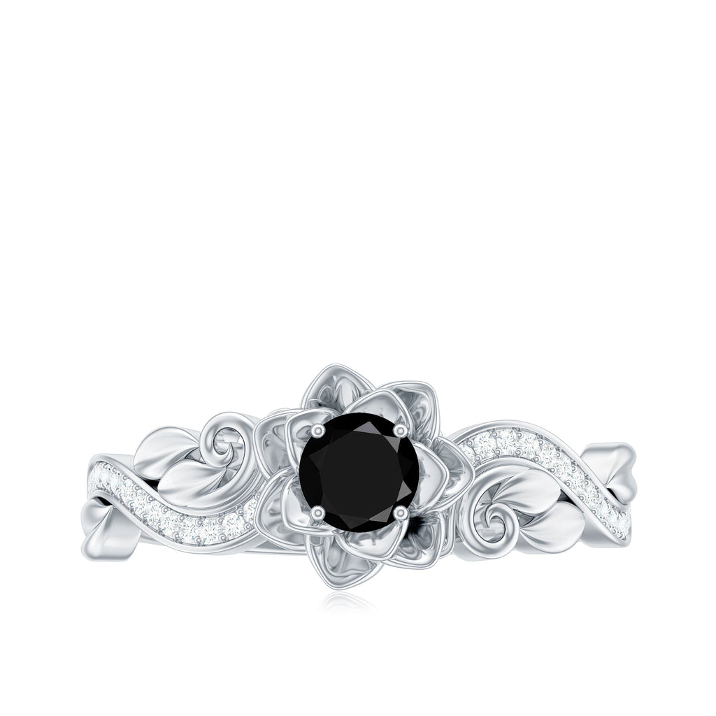 Real Black Spinel Blooming Flower Engagement Ring with Diamond