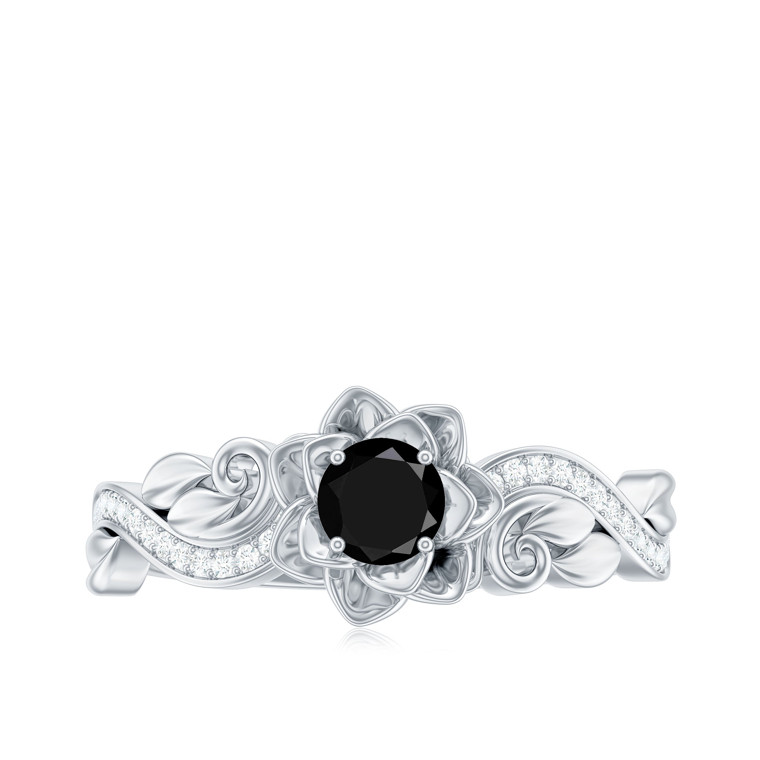 Real Black Spinel Blooming Flower Engagement Ring with Diamond