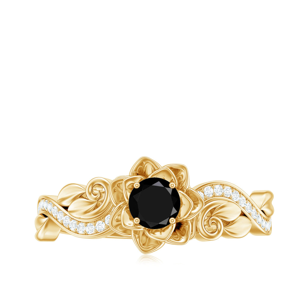 Real Black Spinel Blooming Flower Engagement Ring with Diamond