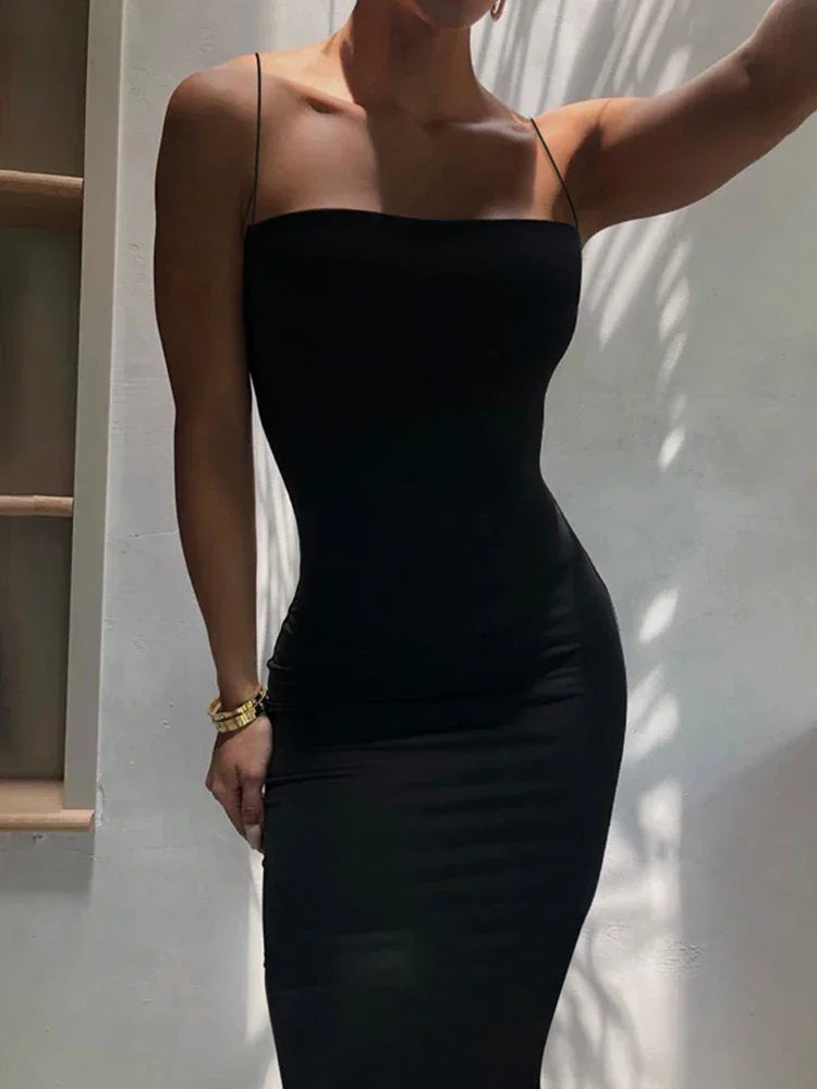 Black Backless Bodycon Maxi Dress | Gothic Spaghetti Strap Dress -femstylo