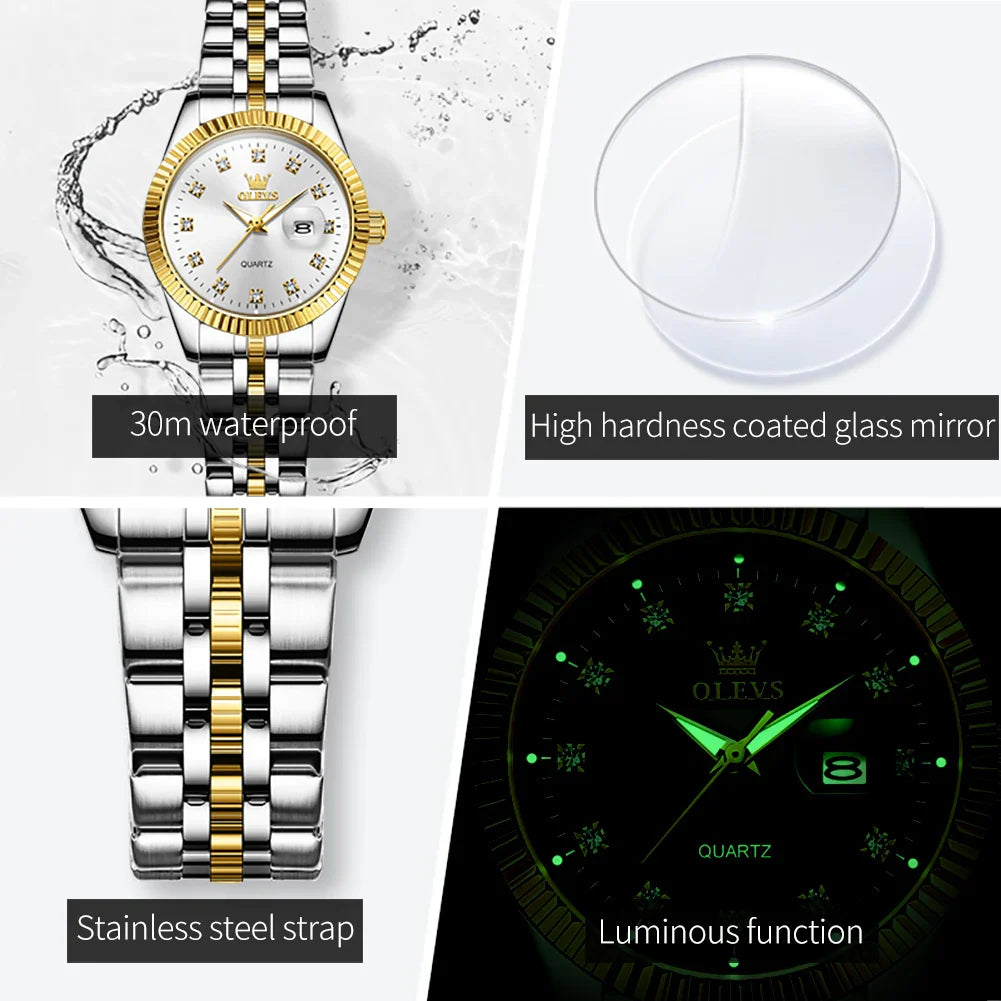 Women's Gold Stainless Steel Watch 33mm Luminous Date