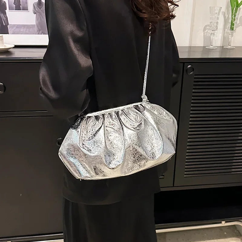 Small Luxury Design Women's Leather Silver Cloud Bag | Gold Crossbody & Ladies Party Clutch Purse (Sequined, Ruched Handbag)