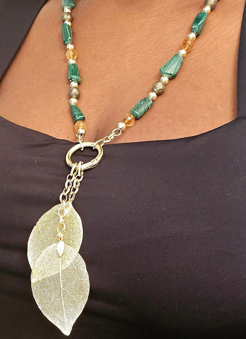 "Abundance Of Wealth" Necklace |Malachite , Citrine, and Pyrite