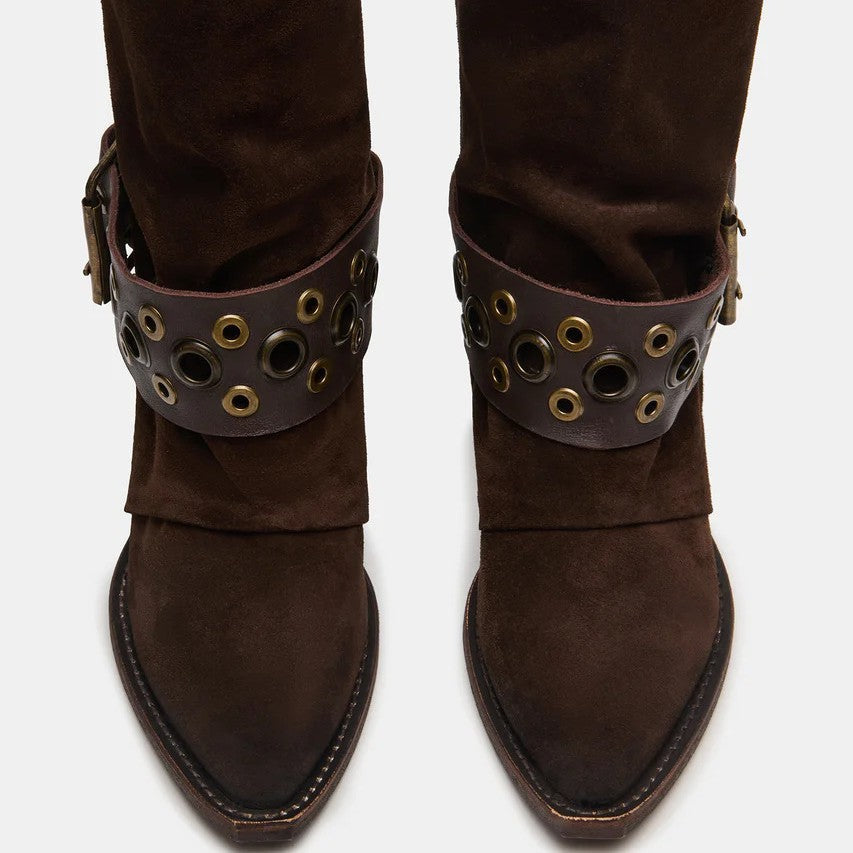 Women's Chunky Heel Ankle Boots – Pointed Toe Slip-On with Buckle Detail | Dark Brown