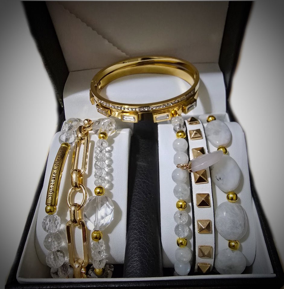 Clear Quartz and Moonstone Stacked Bracelet set