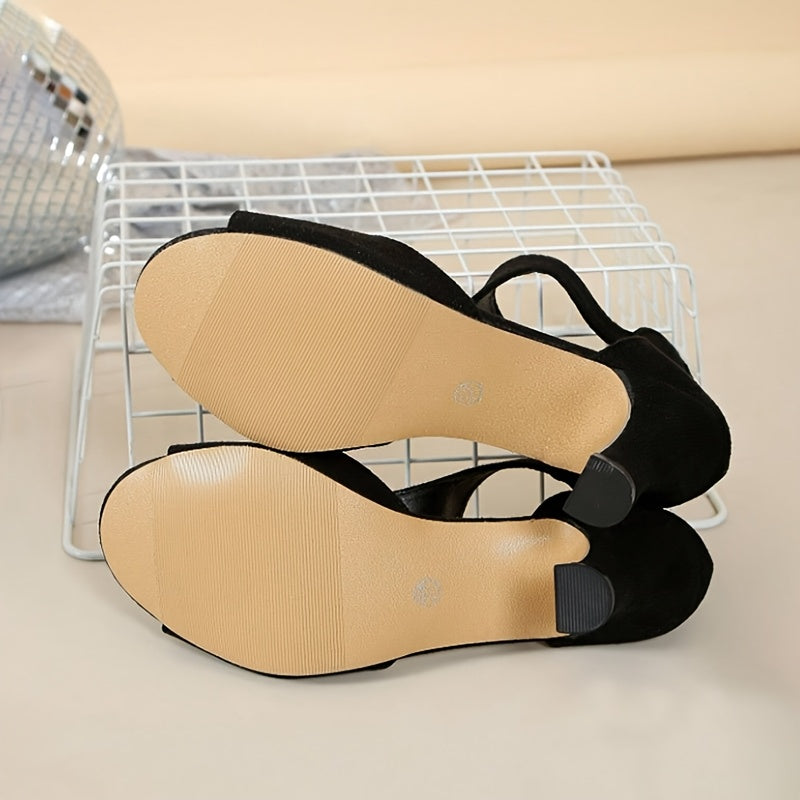 Women's Elegant Black Cover-Like Peep-Toe Mid-Heel Sandals with Back Zipper