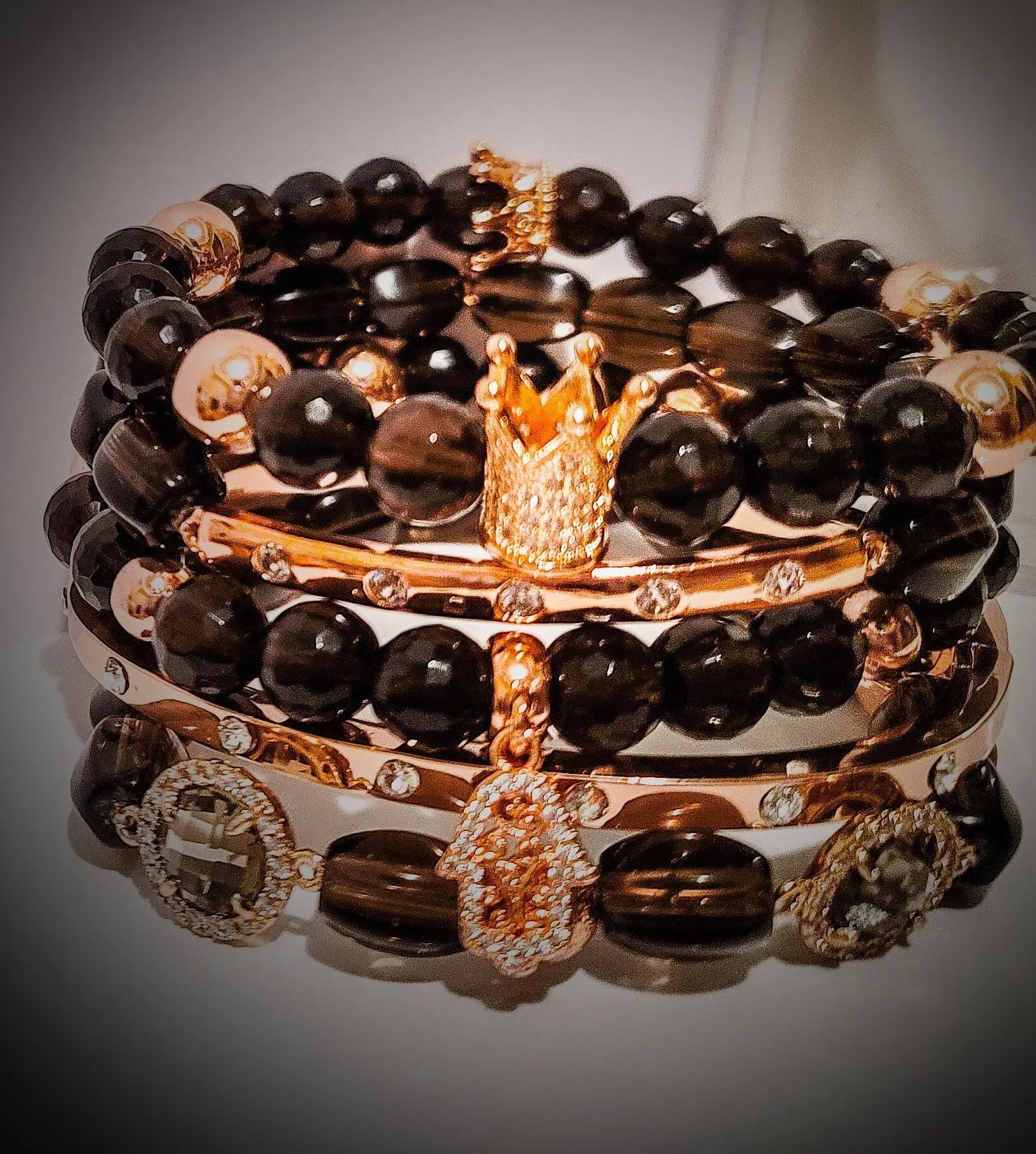 Stacked "Rose" Smoky Quartz Crown Bracelet set